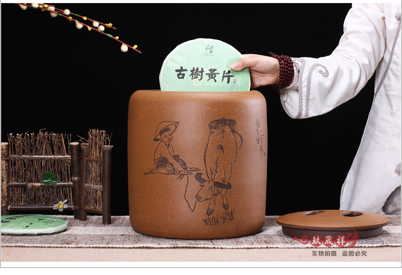 大号紫砂茶叶罐 茶缸储茶罐 普洱9/10饼装 大码粗陶瓷密封茶叶桶 放牛10饼装