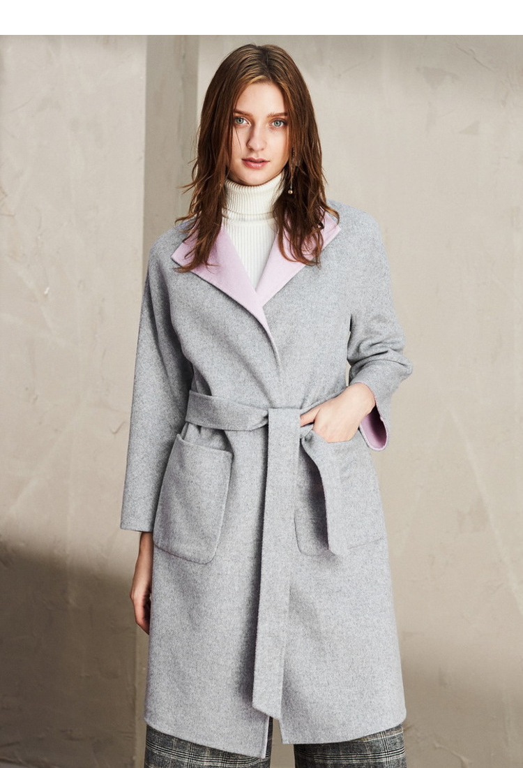 秋水伊人2017冬装新品女装纯色翻领长袖外套双面呢修身中长款大衣