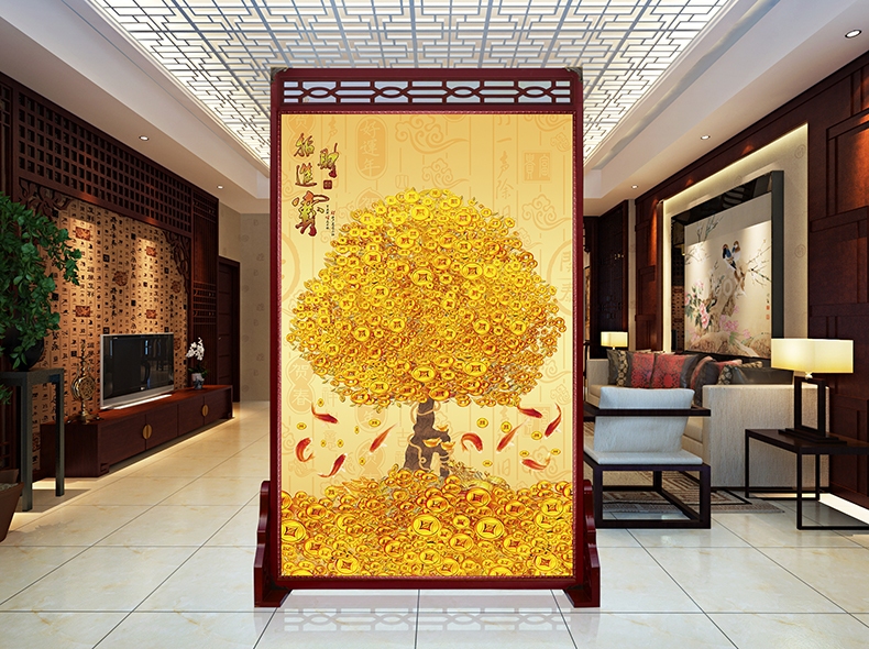 定制皮革座屏 中式书房酒店屏风 玄关办公室摄影客厅隔断双面屏风 上下镂空 180cm宽X180高