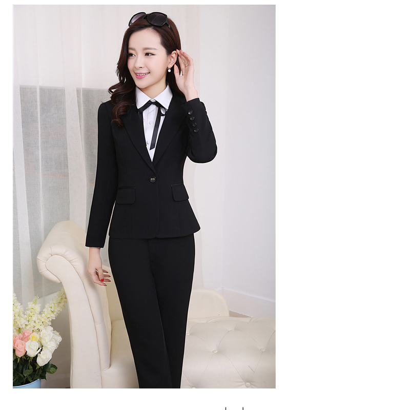 依莱迪2015春秋季美容房地产酒店工作服2件套裙制服长袖OL职业装套装套裙女小西装 黑色套裤 XXL
