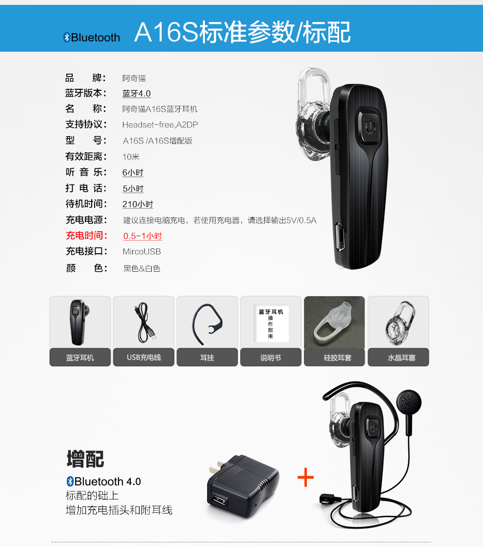 
                                        阿奇猫 无线蓝牙耳机入耳式迷你运动/车载耳机 适用于苹果/华为/oppo通用 A16S-白色                