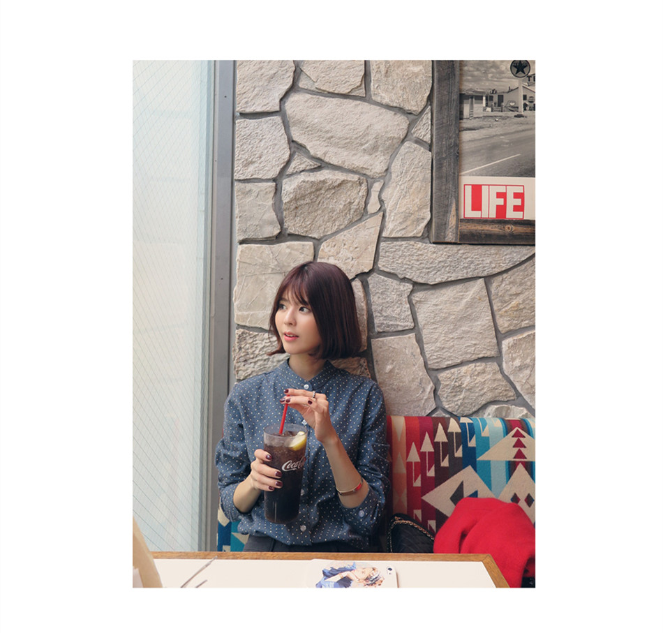 香爱蜜 2015秋季新款韩版修身OL复古波点衬衣女衬衫 深灰色 M