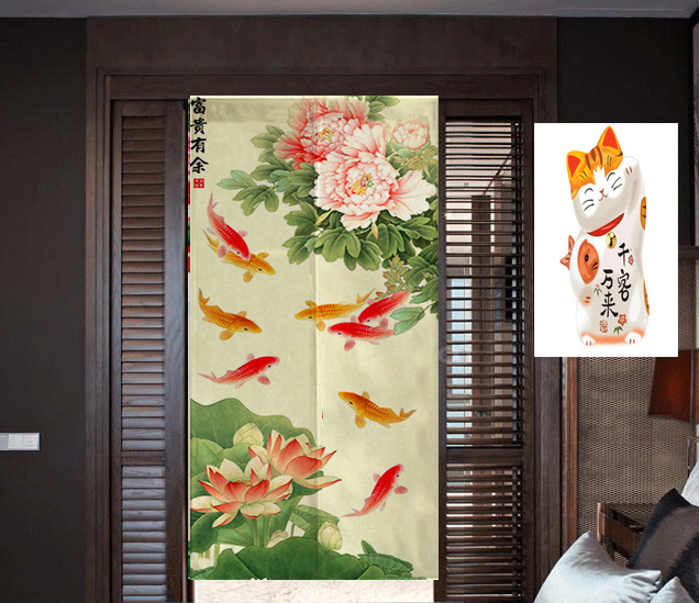 ulknn中风水门帘九鱼图棉麻布帘挂帘隔断客厅玄关卧室厨房厕所卫生间