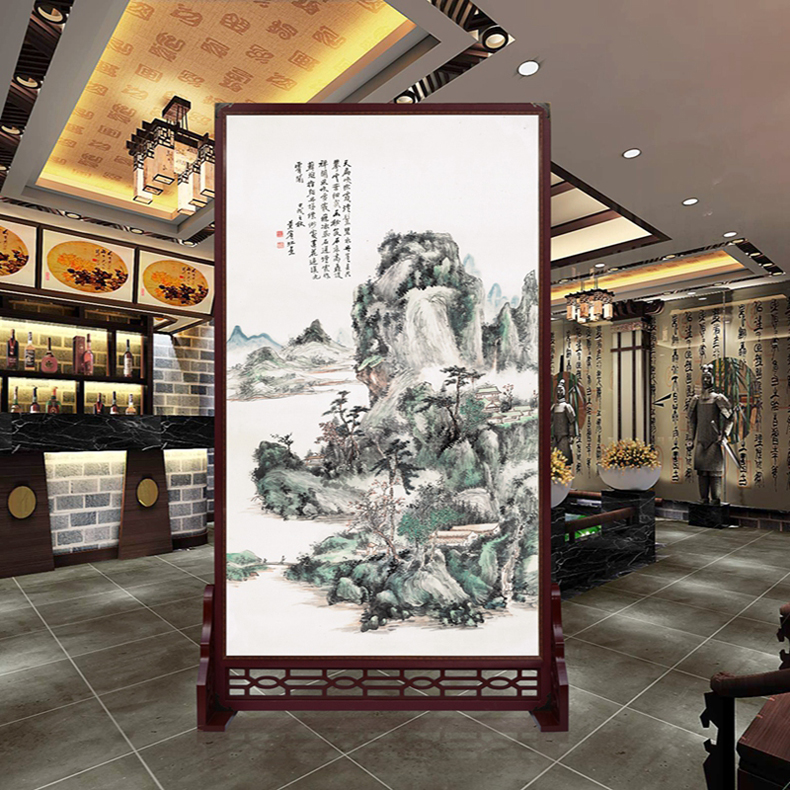定制皮革座屏 中式书房酒店屏风 玄关办公室摄影客厅隔断双面屏风 黄宾虹 富春江图 120cm宽X180高 左右镂空