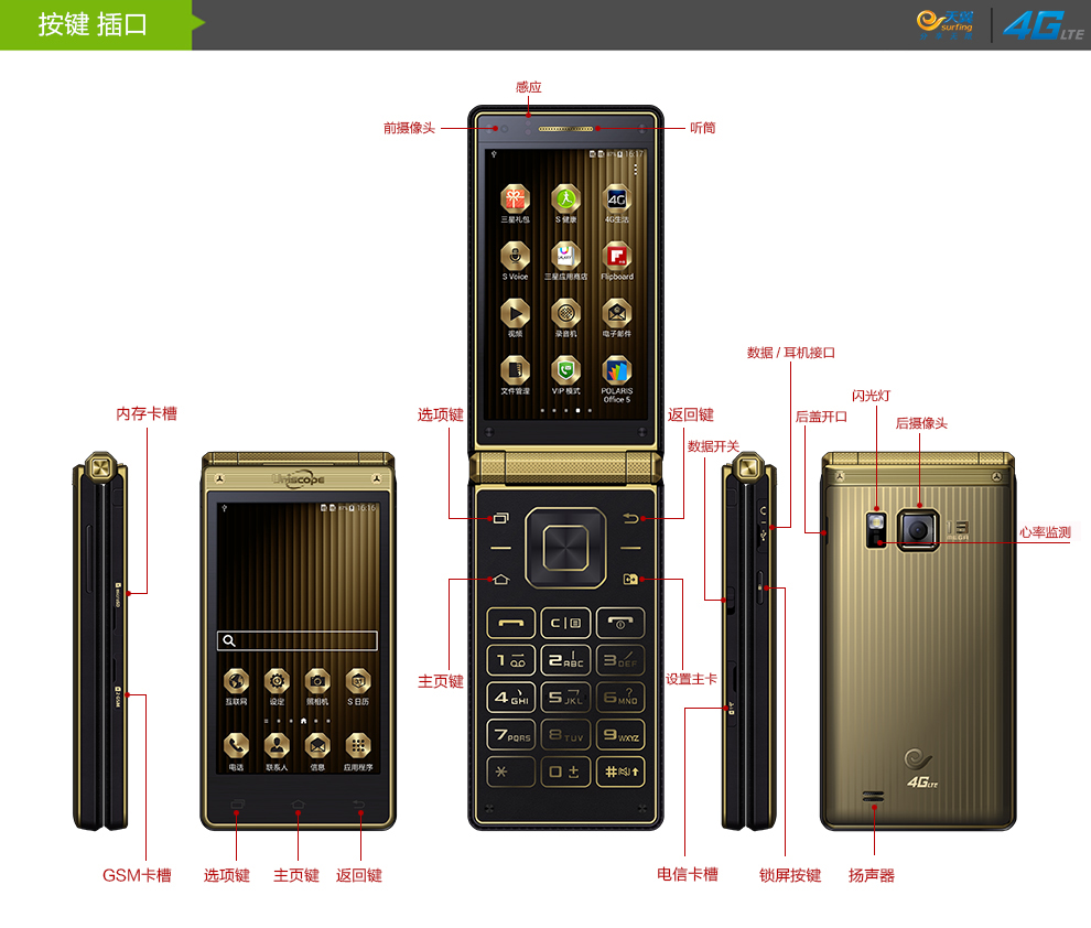 优思（Uniscope）U W2015 电信4G翻盖手机 双卡双待 金色