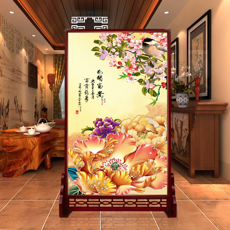 定制皮革座屏 中式书房酒店屏风 玄关办公室摄影客厅隔断双面屏风 花开富贵2 120cm宽X180高 左右镂空