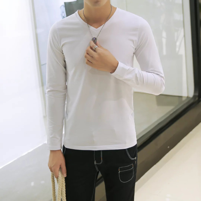 长袖t恤v领纯色修身春秋衣青年白色紧身加肥加大码打底衫体恤男大码