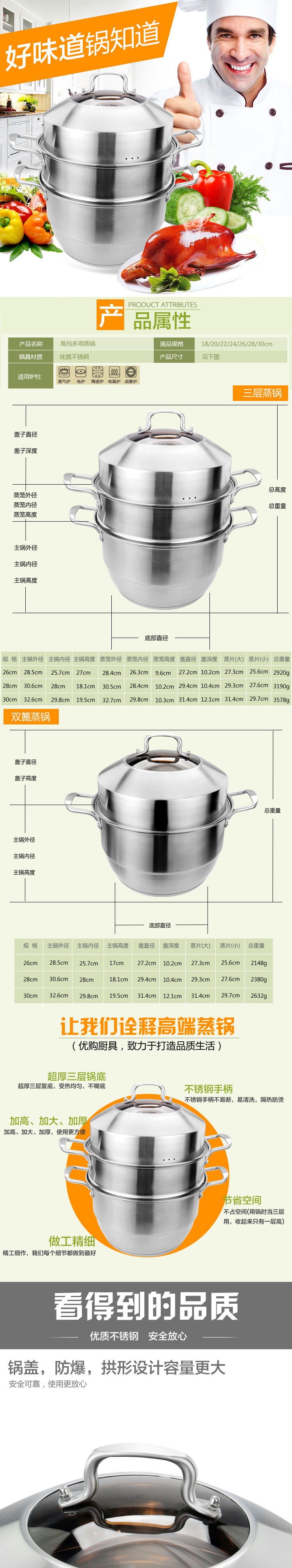 
                                        德勒 全钢加厚豪华复底蒸锅不锈钢锅厨房烹饪锅具电磁炉通用 三层30cm                