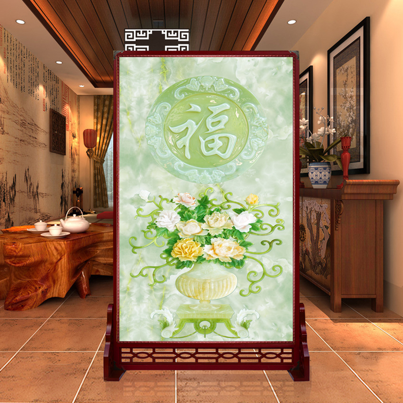 定制皮革座屏 中式书房酒店屏风 玄关办公室摄影客厅隔断双面屏风 花开富贵2 120cm宽X180高 左右镂空