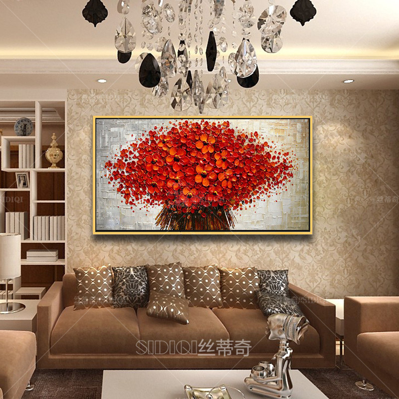 
                                        丝蒂奇SIDIQI现代新中式纯手绘艺术油画客厅挂画餐厅装饰画时尚家居壁饰抽象花卉有框画/红 B款 高40*宽80                