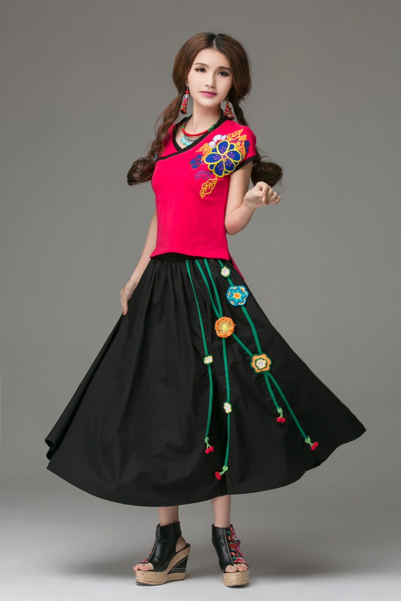 红衣主角新款民族风春夏款女装 时尚手工钉花半身裙 大摆裙 青色 均码