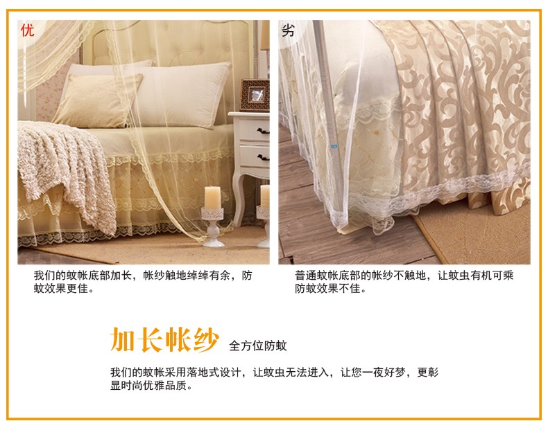 
                                        暖莎家纺 三开门不锈钢宫廷落地蚊帐夏凉床品1.5米/1.8米床适用 百花开-白色 1.8*2.0m床25mm立柱                