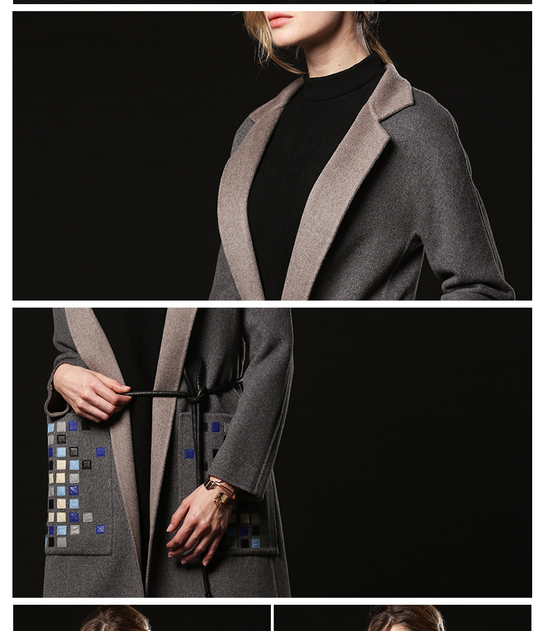 mirrorfun 冬装新款 几何彩色皮革拼贴装饰皮绳腰带双面呢大衣羊绒