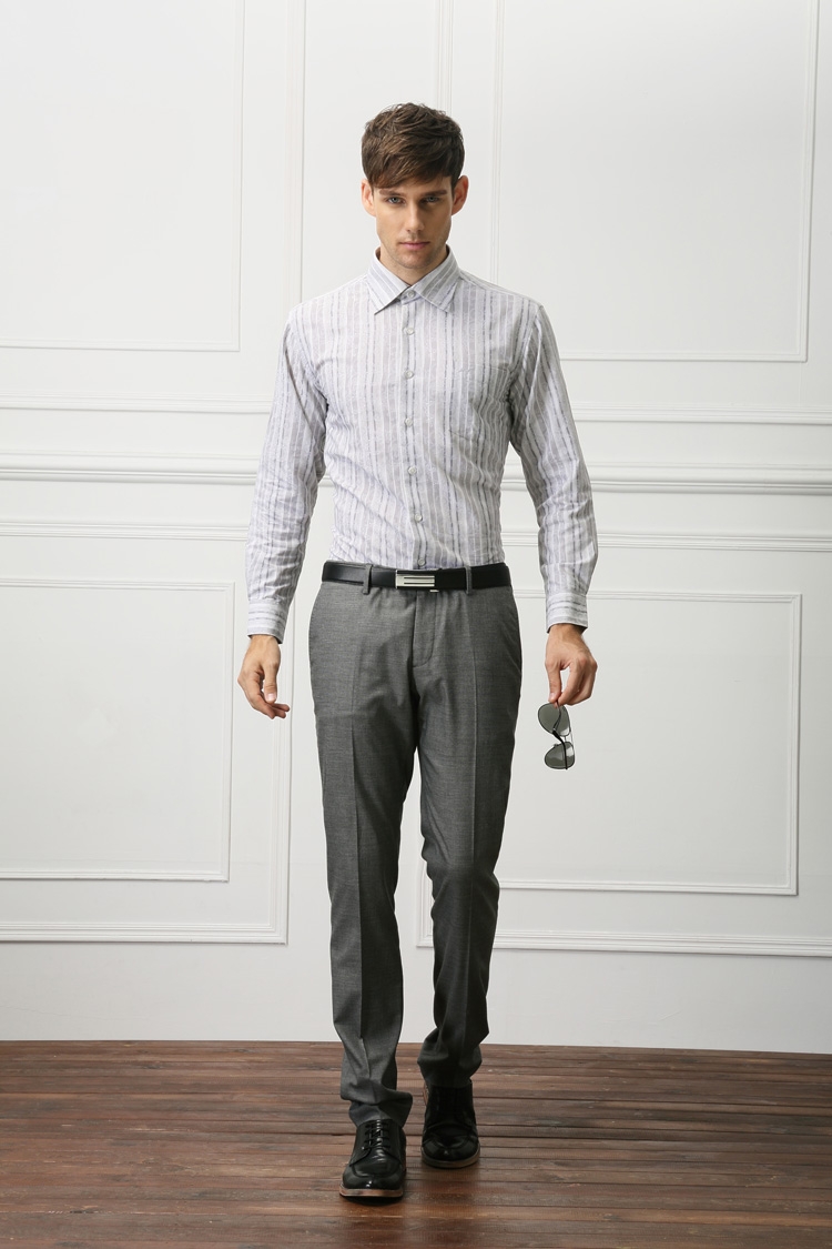 乔治白giuseppe 条纹长袖衬衫 新款2015男装商务衬衣 深灰色 43偏大一