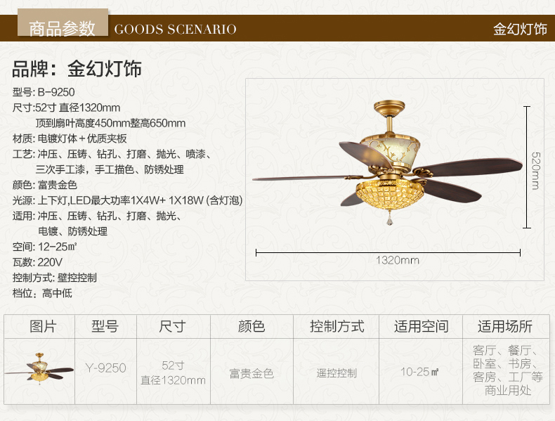 金幻吊扇灯风扇灯奢华水晶灯具客厅餐厅吊灯 52寸壁控版LED4W+18W必须2火1零线