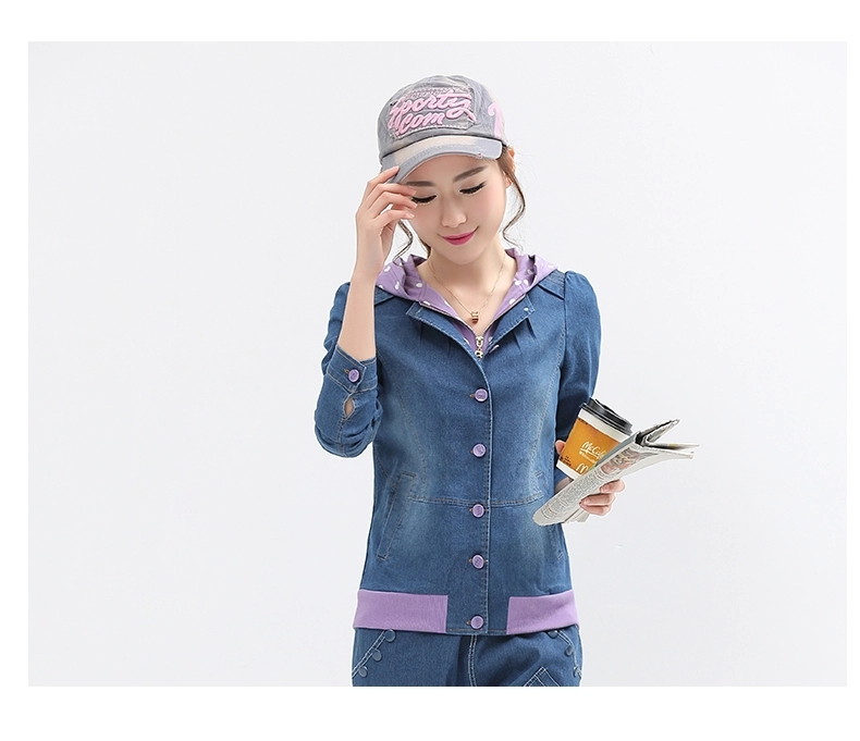 
                                        梦昕 2017春秋初高中学生女装连帽牛仔外套 少女秋装韩版修身波点短款上衣女 9359麻灰 M                