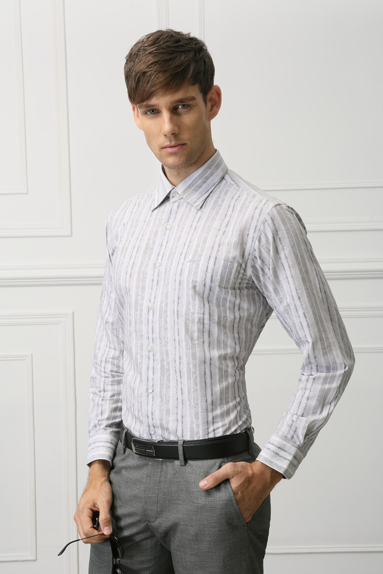 乔治白giuseppe 条纹长袖衬衫 新款2015男装商务衬衣 深灰色 43偏大一