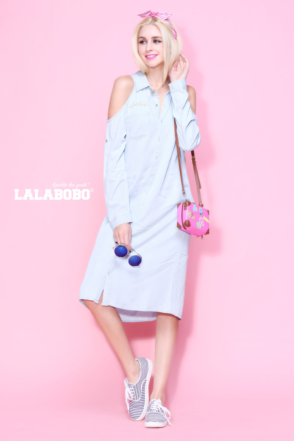 LALABOBO拉拉波波女装 连衣裙春夏款星条皇冠长款露肩牛仔L81A-WSNS46 浅套白 S
