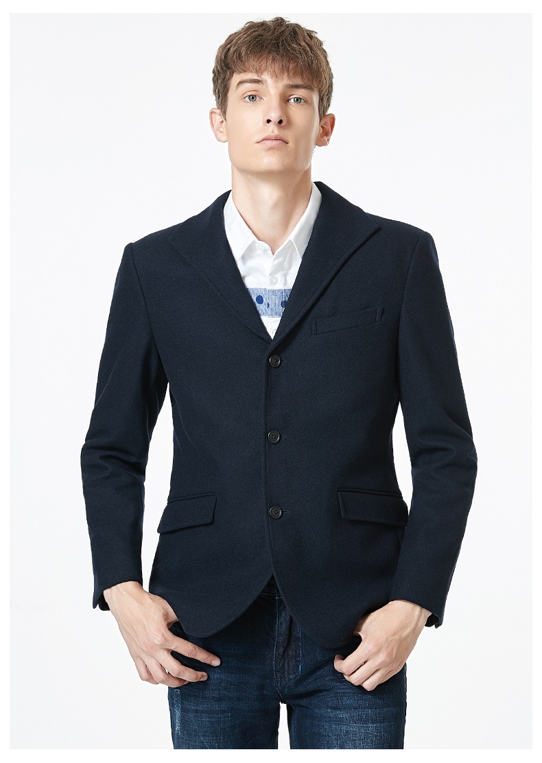 kikc正装西服男秋冬新款商务修身单西男士纯色羊毛呢子西装男 深蓝