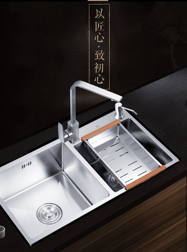 尊驰卫浴304不锈钢水槽双槽加厚手工槽洗菜盆洗碗池套装 【升级304款