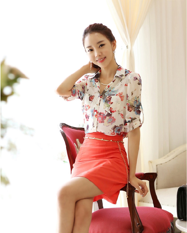 微芭莎 2015夏季新款 韩版大码女装宽松印花长袖雪纺衫 Y1049 图片色 XL