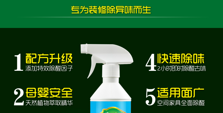 
                                        
                                                            绿驰 装修除味一喷净 新房装修家具甲醛清除剂 植物型除甲醛苯去油漆味 空气净化喷雾剂500ml                
