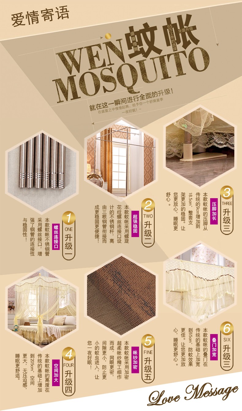 
                                        暖莎家纺 三开门不锈钢宫廷落地蚊帐夏凉床品1.5米/1.8米床适用 百花开-白色 1.8*2.0m床25mm立柱                