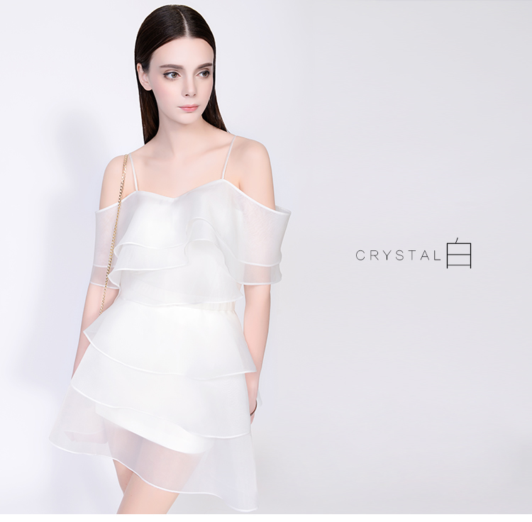 TAMMYTANGS糖力2015夏季白色轻薄雪纺度假风吊带露肩连衣裙套装 Crystal白 M