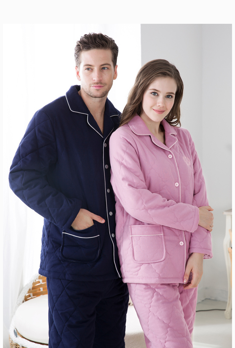 美标新款秋冬女夹棉加厚情侣睡衣长袖纯棉保暖家居服男冬两件套装 粉