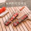 LZJV wooden handle barbecue cage hot dog sausage barbecue clip outdoor camping BBQ stainless steel grill grill stall tool red handle long barbecue grill - oil brush provided