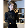 Yalu European fashion fashionable high-neck long-sleeved T-shirt for women 2025 autumn and winter new embroidered slim fit inner layering shirt black XL