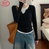 Langsha fake two-piece v-neck bottoming shirt for women autumn 2025 new design niche slim right shoulder inner T-shirt top