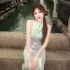 Zhenxiqi new Chinese style national style cool feeling green improved cheongsam sexy style thousands of beautiful halterneck dress women summer turquoise L