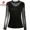 Pierre Cardin mesh bottoming shirt for women 2026 spring and autumn new women's wear inner T-shirt black fashionable style small shirt lace top black M/collar L recommended 100-115 pounds