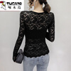 Woodpecker high-end V-neck lace bottoming shirt for women 2025 spring new small shirt with velvet inner long-sleeved mesh top for women Black Garib L 110-120