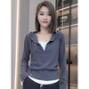 Pierre Cardin autumn and winter suit simple commuting large size hooded long-sleeved T-shirt for women 2025 autumn new style fake two-piece gray high quality M