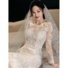 Wei Lianmenglan fishtail light wedding dress bride 2025 new French long-sleeved lace high-end niche outing veil welcome slim dress white S size is too small