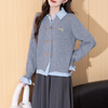 TonLion 2025 autumn and winter woven splicing lapel double-breasted fake two-piece women's cardigan sweater