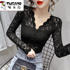 Woodpecker high-end V-neck lace bottoming shirt for women 2025 spring new small shirt with velvet inner long-sleeved mesh top for women Black Garib L 110-120