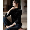Shangjing small design fungus lace sleeve velvet shirt autumn and winter fashionable half turtleneck bottoming shirt for women