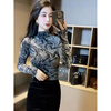 Yalu European fashion fashionable high-neck long-sleeved T-shirt for women 2025 autumn and winter new embroidered slim fit inner layering shirt black XL