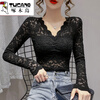 Woodpecker high-end V-neck lace bottoming shirt for women 2025 spring new small shirt with velvet inner long-sleeved mesh top for women Black Garib L 110-120