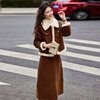 Awakening Paradise Winter Retro Modern Style Spliced Button Lapel Jacket Skirt Commuting Two-piece Suit Women Brown M