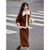 Awakening Paradise Winter Retro Modern Style Spliced Button Lapel Jacket Skirt Commuting Two-piece Suit Women Brown M