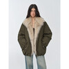 Fu Zhien's warm dialogue two-color fox fur collar detachable 90 goose down jacket mid-length down jacket military green
