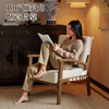 Solid wood single chair retro style single sofa living room leisure sofa chair balcony study backrest sofa seat off-white cotton and linen