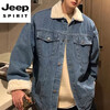 JEEP SPIRIT Autumn and Winter New Loose Lapel Denim Jacket Men's Casual Thickened Polar Fleece Jacket Top Cotton Clothes Upgraded Model 8662S Black L