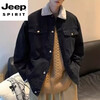 JEEP SPIRIT Autumn and Winter New Loose Lapel Denim Jacket Men's Casual Thickened Polar Fleece Jacket Top Cotton Clothes Upgraded Model 8662S Black L