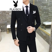Playboy 2017 spring business casual double-breasted suit three-piece shop owner style black 3XL