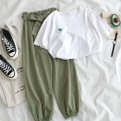 Afuweier夏の新作ファッション中学生中学生女子夏服スポーツスーツレディースホワイトトップ グリーンパンツxl 1ポンド以内推奨